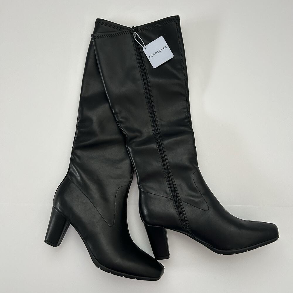 NIB Aerosoles Chai Knee High Boots Black Stretch Size 10 Women Square NEW IN BOX - Picture 1 of 16